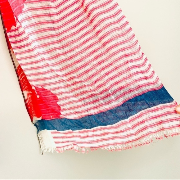 🎯3/$10 LOFT Coral White Grain Stripe Floral Lightweight Scarf Blue Border - Picture 4 of 6